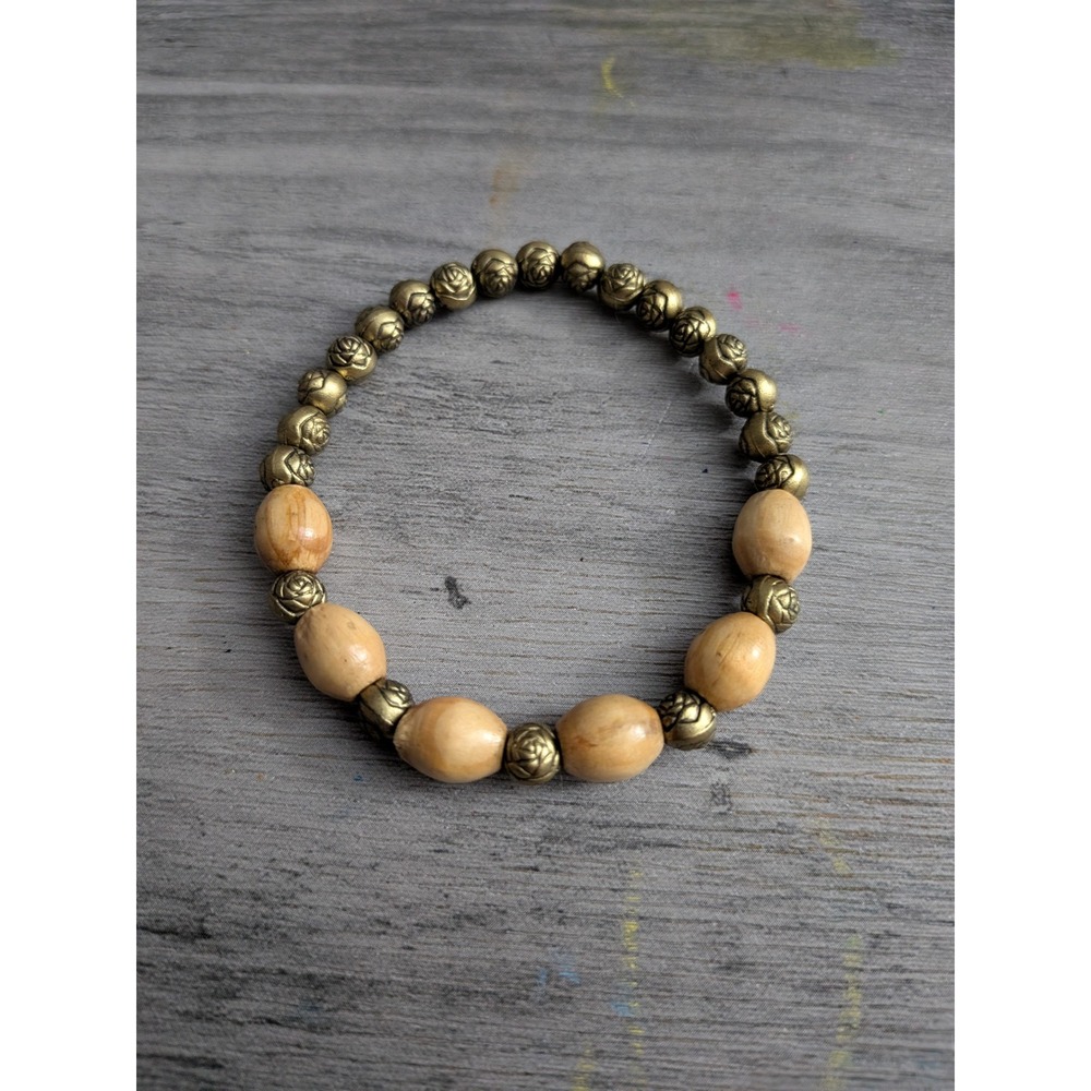 Boho Wood and Antique Brass Rose Floral Beaded Stretch Bracelet
